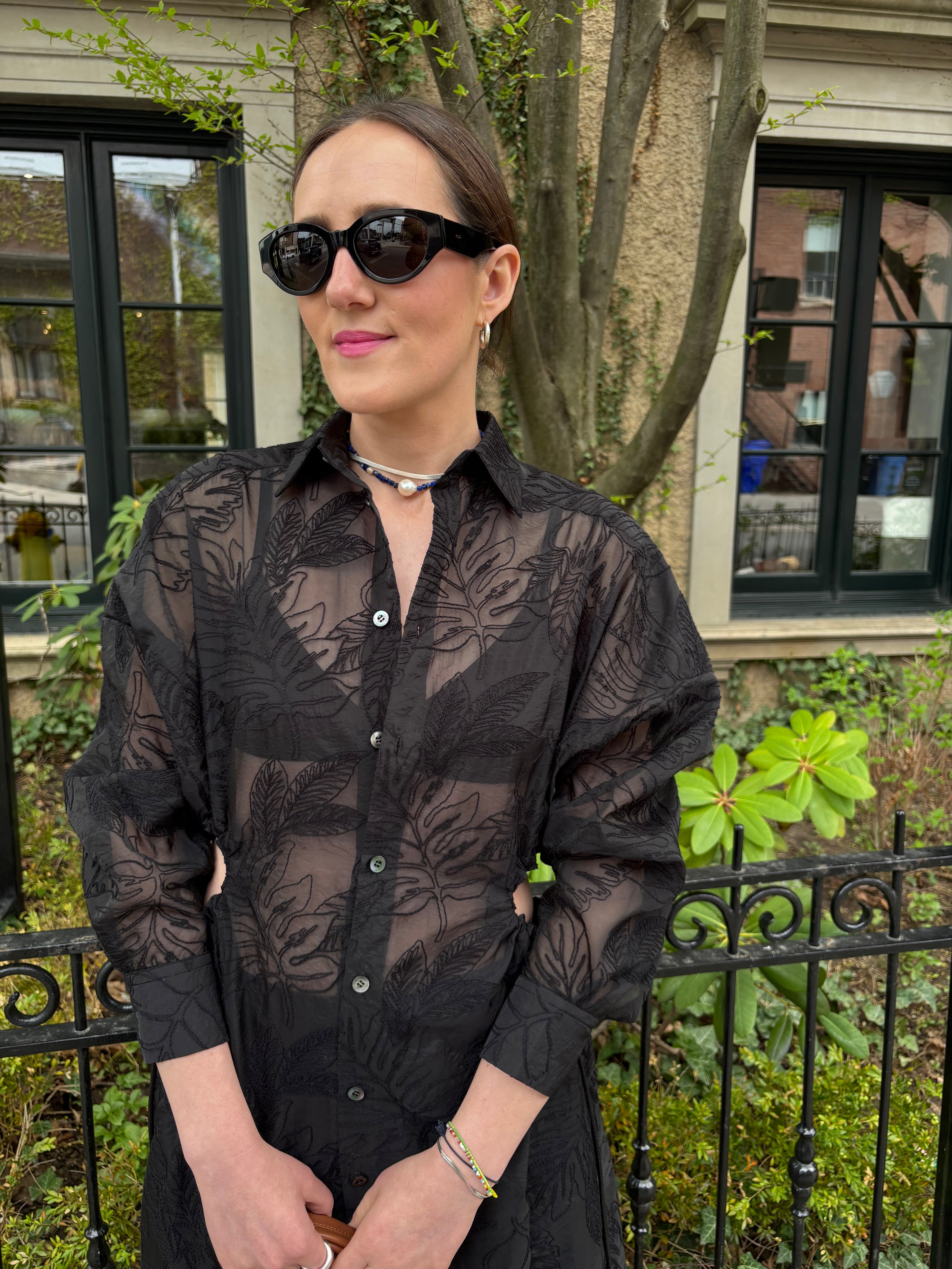 UJOH Drawcord Cut Out Sheer Shirt Dress | Black Print