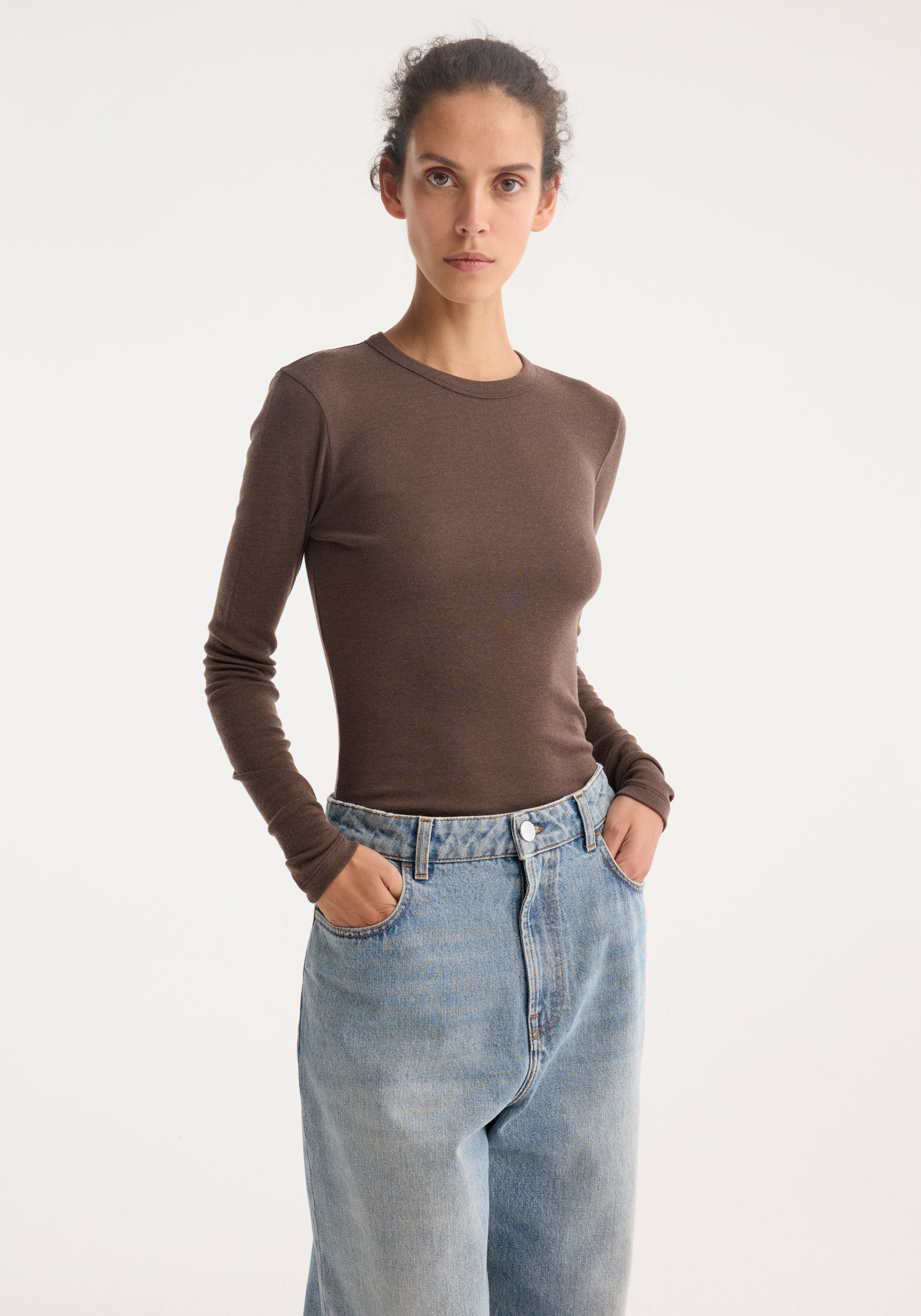 Róhe Fine Merino Jersey Long Sleeve Top | Brown Melange