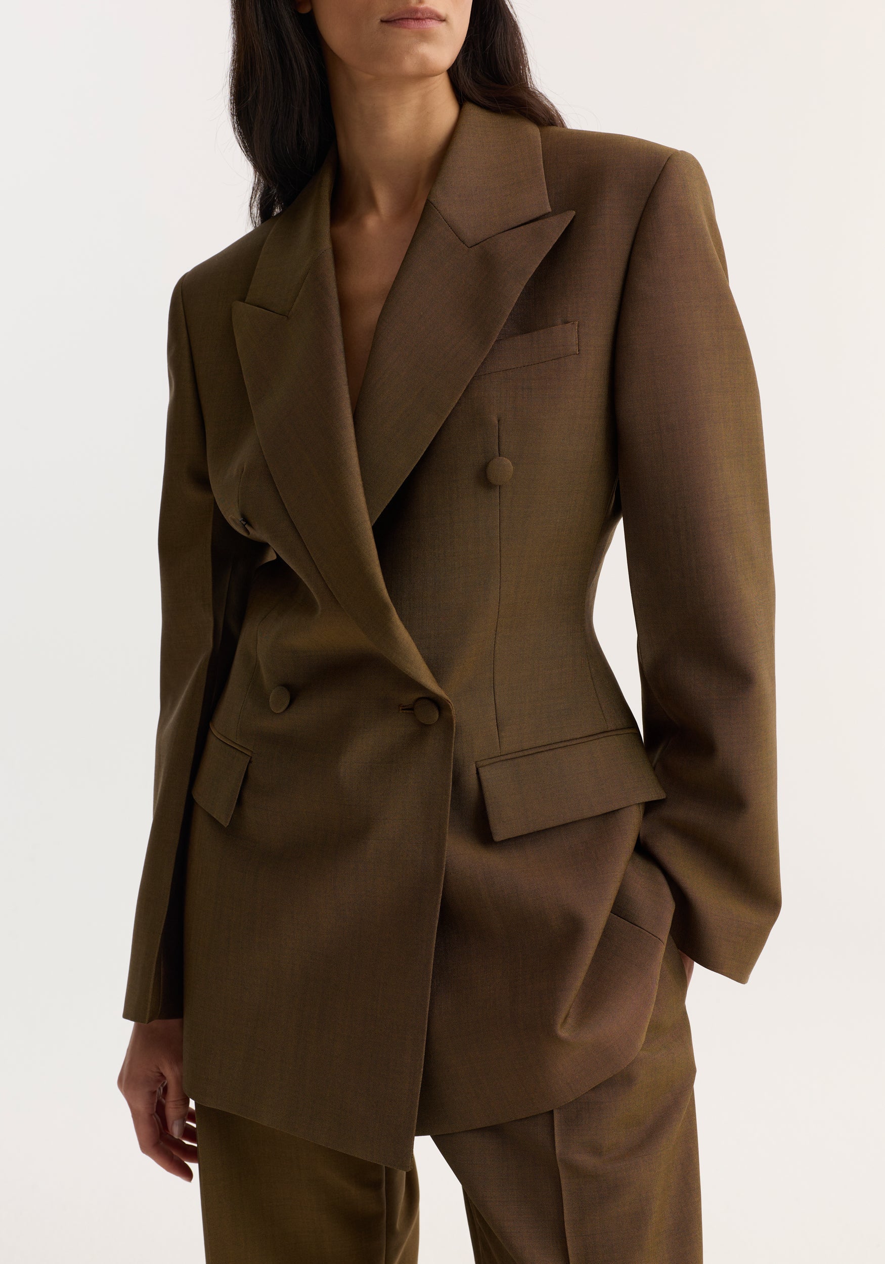 Veste Blazer Roxy – Marron, Taille S – Deux Poches Avant, Bordure Dorée – Motif Discret