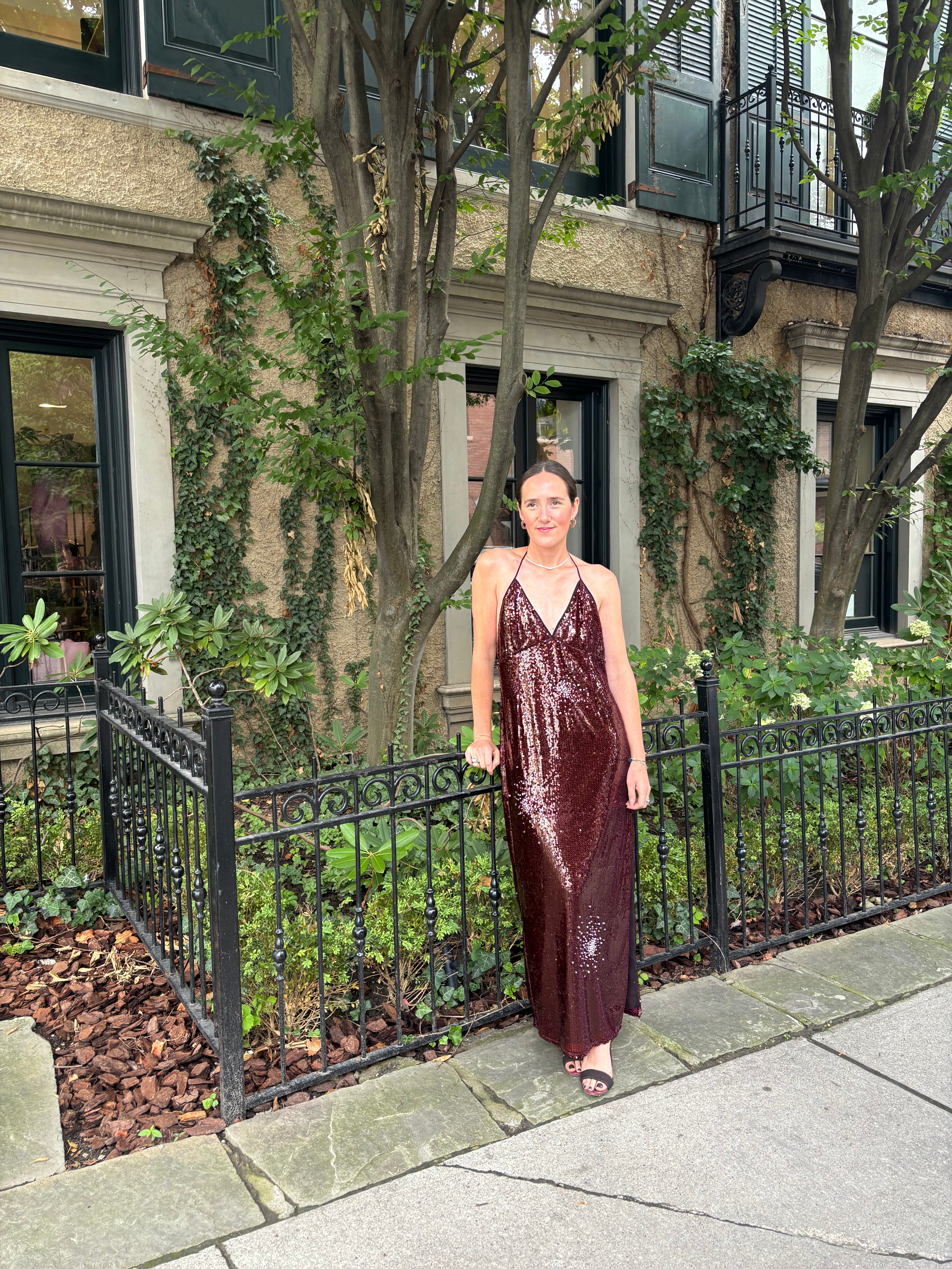 Des Phemmes Cabernet Sequin Halter Slip Dress