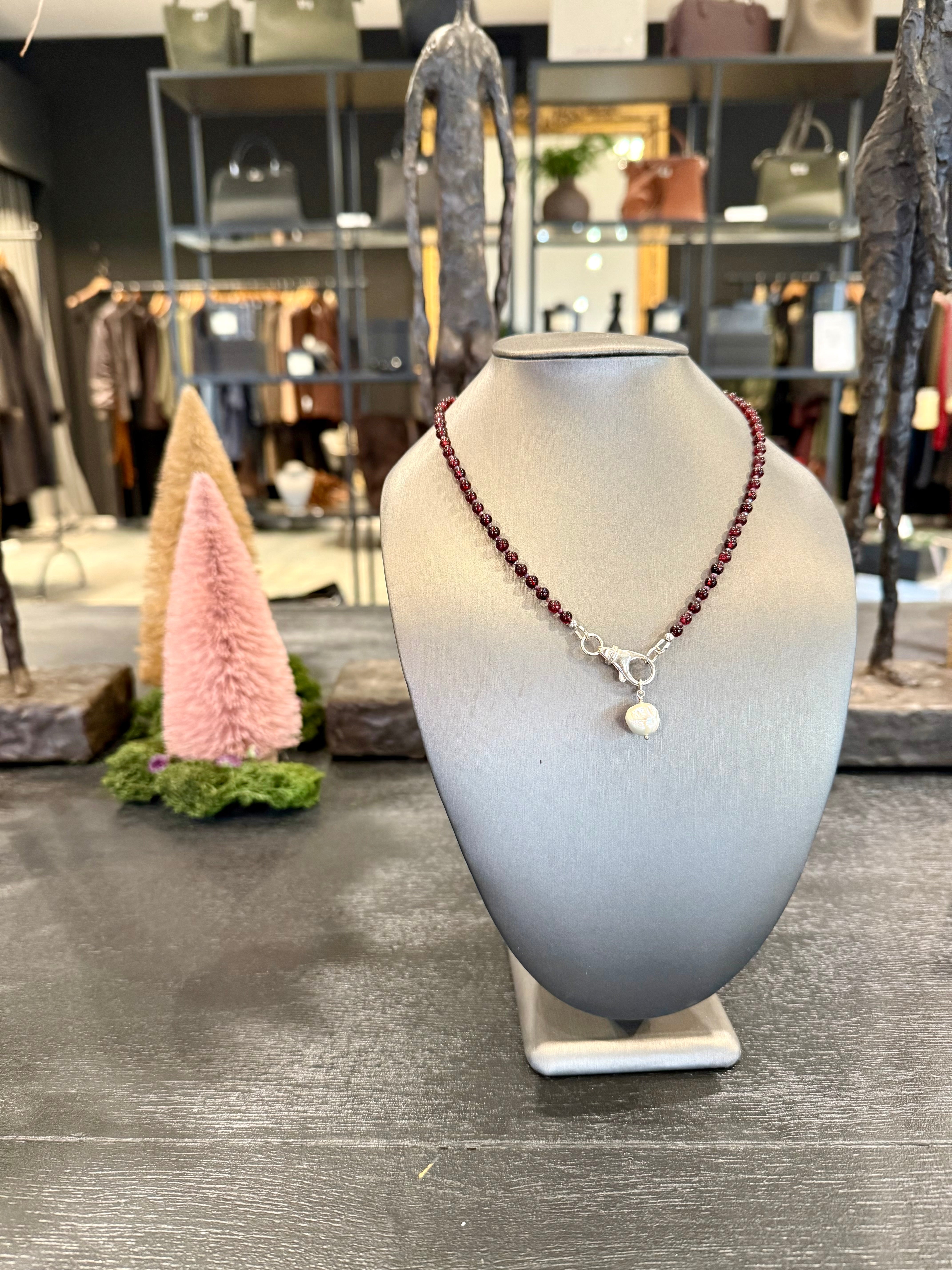 TLO 16" Garnet Necklace/ Lobster Clasp & Baroque Pearl