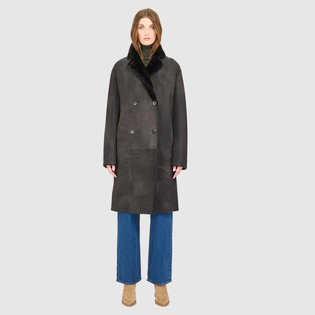 HiSO Elle Suede Reversible Shearling Coat | Cappuccino