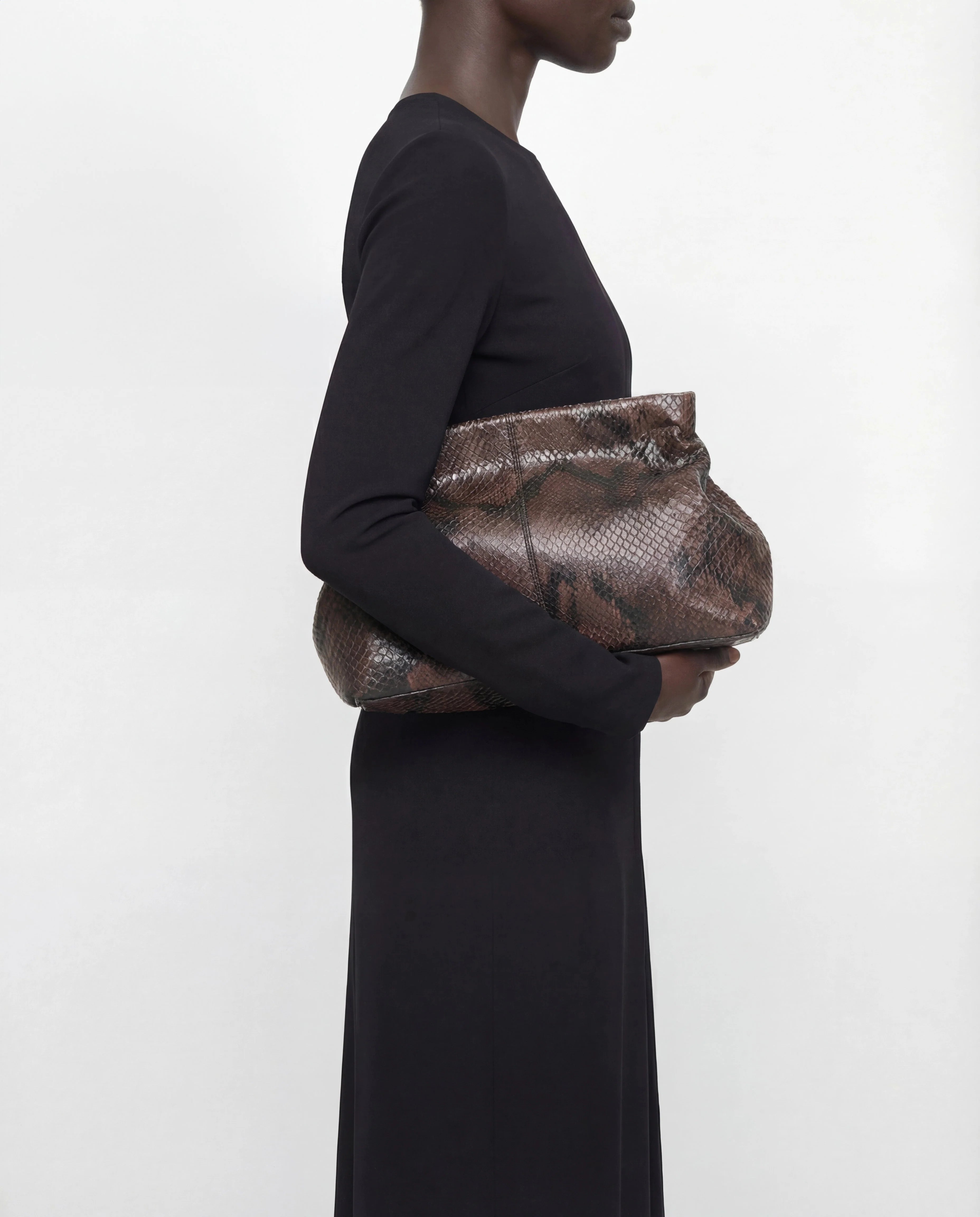 Flattered Clay Clutch Leather | Chocolate Snake Embossed