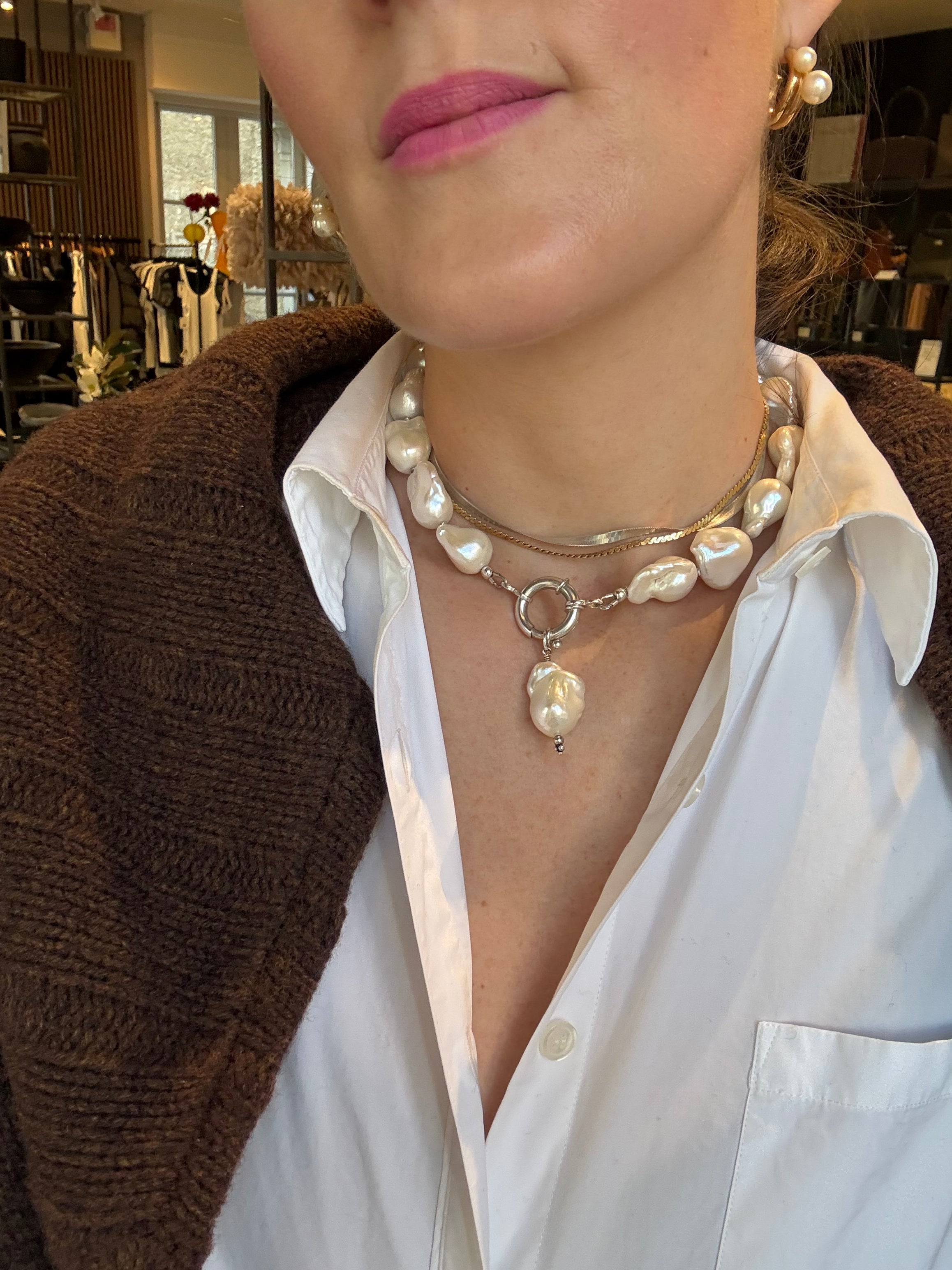 TLO Baroque Pearl Necklace/ Silver Mariner's Clasp