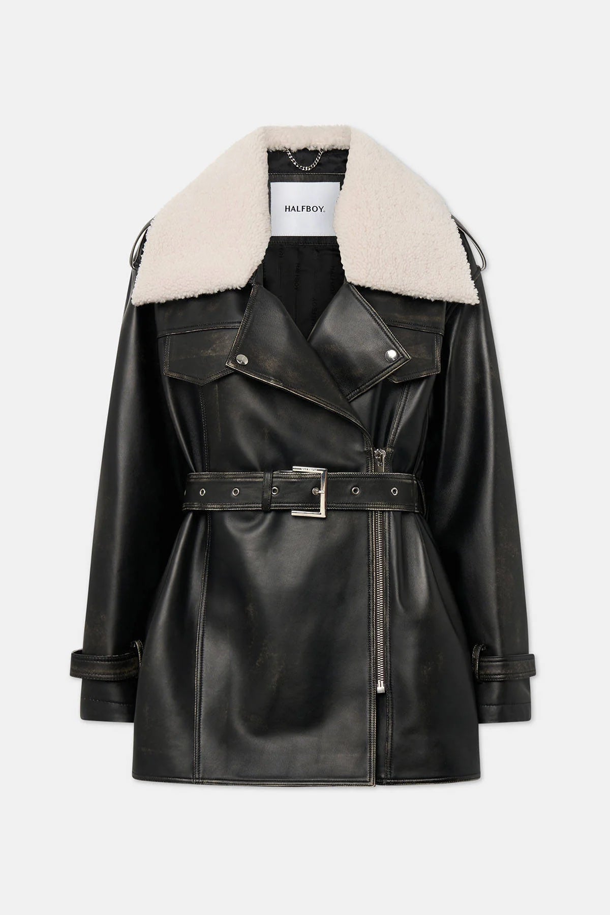 HALFBOY Leather Biker Trench Jacket | Black
