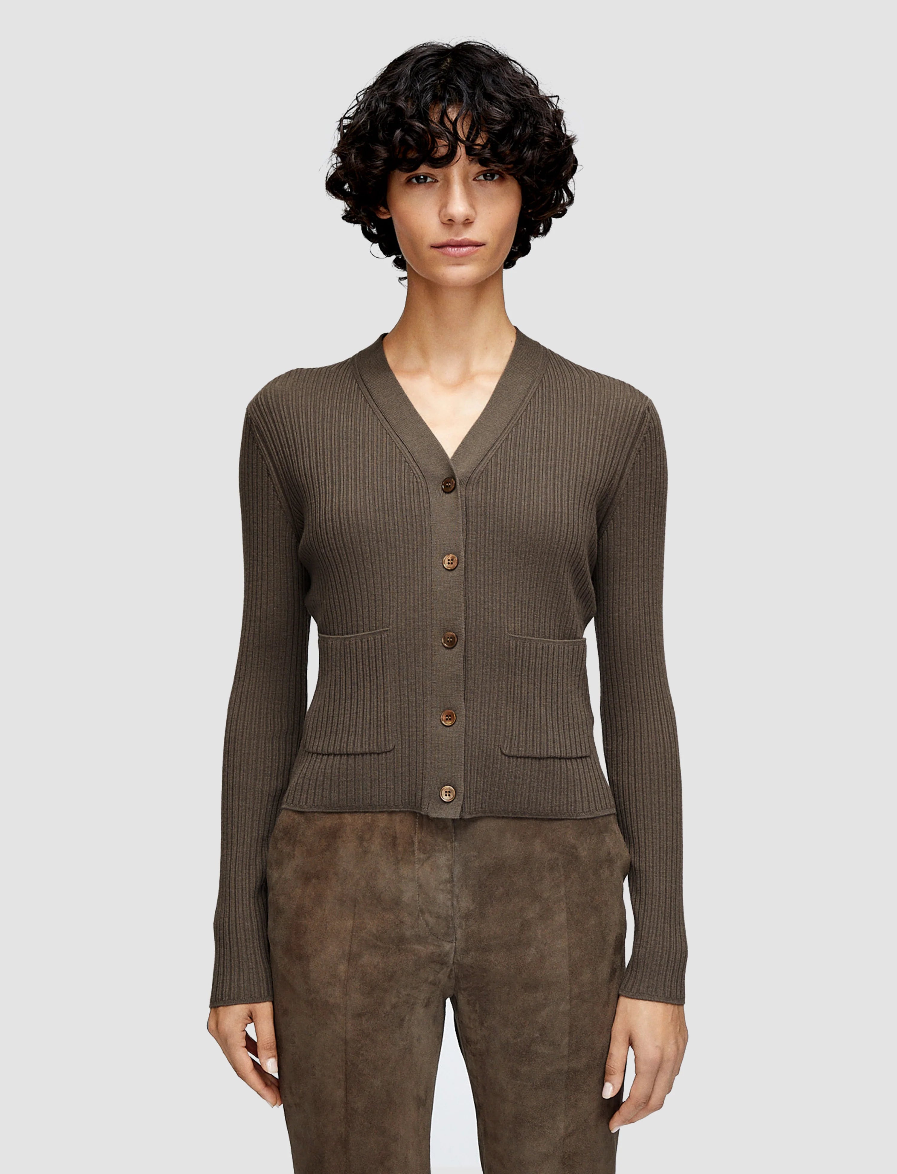 Joseph Merino Rib Cardigan Mushroom