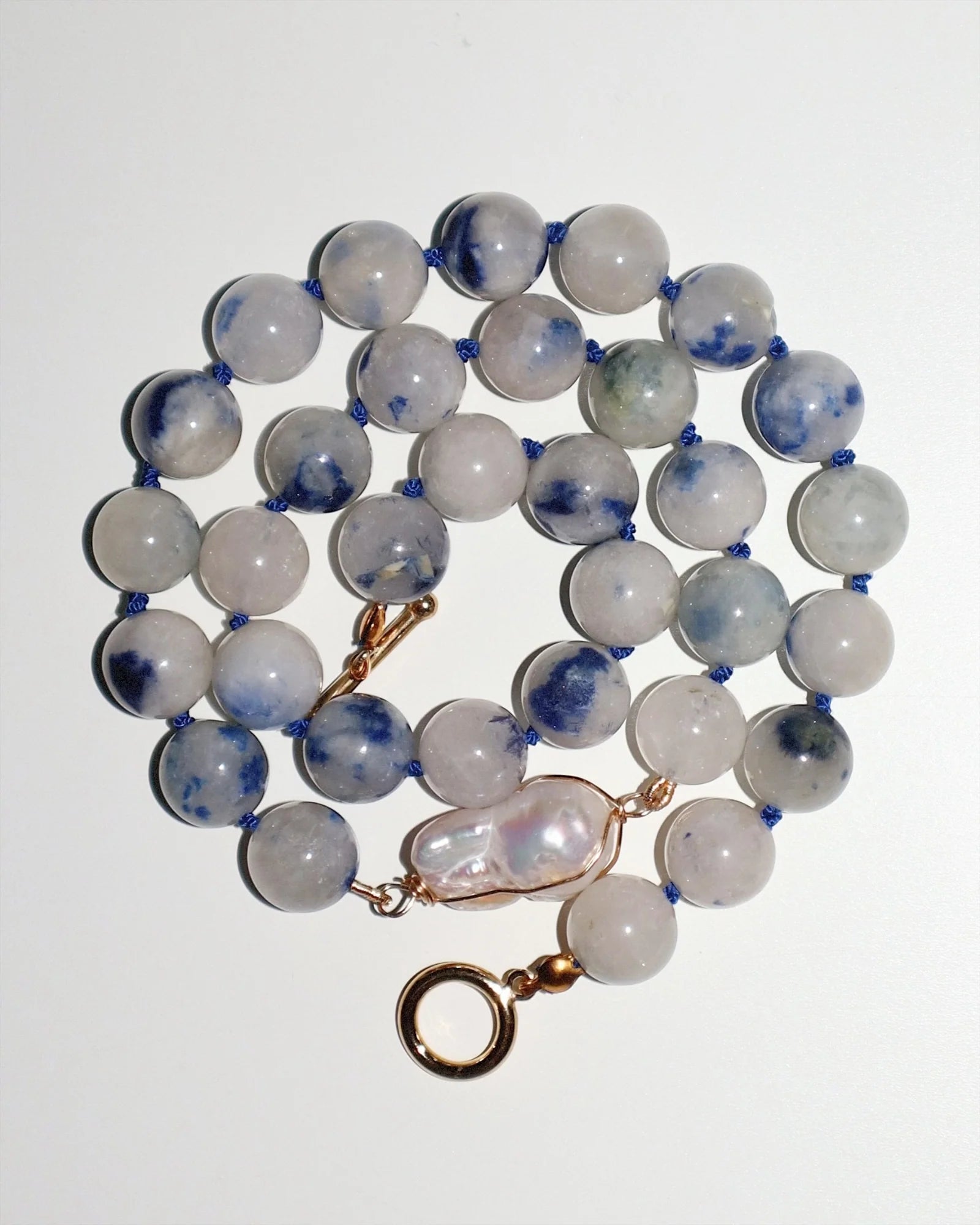 CMD Blue Quartz Necklace/ Wrapped Baroque Pearl