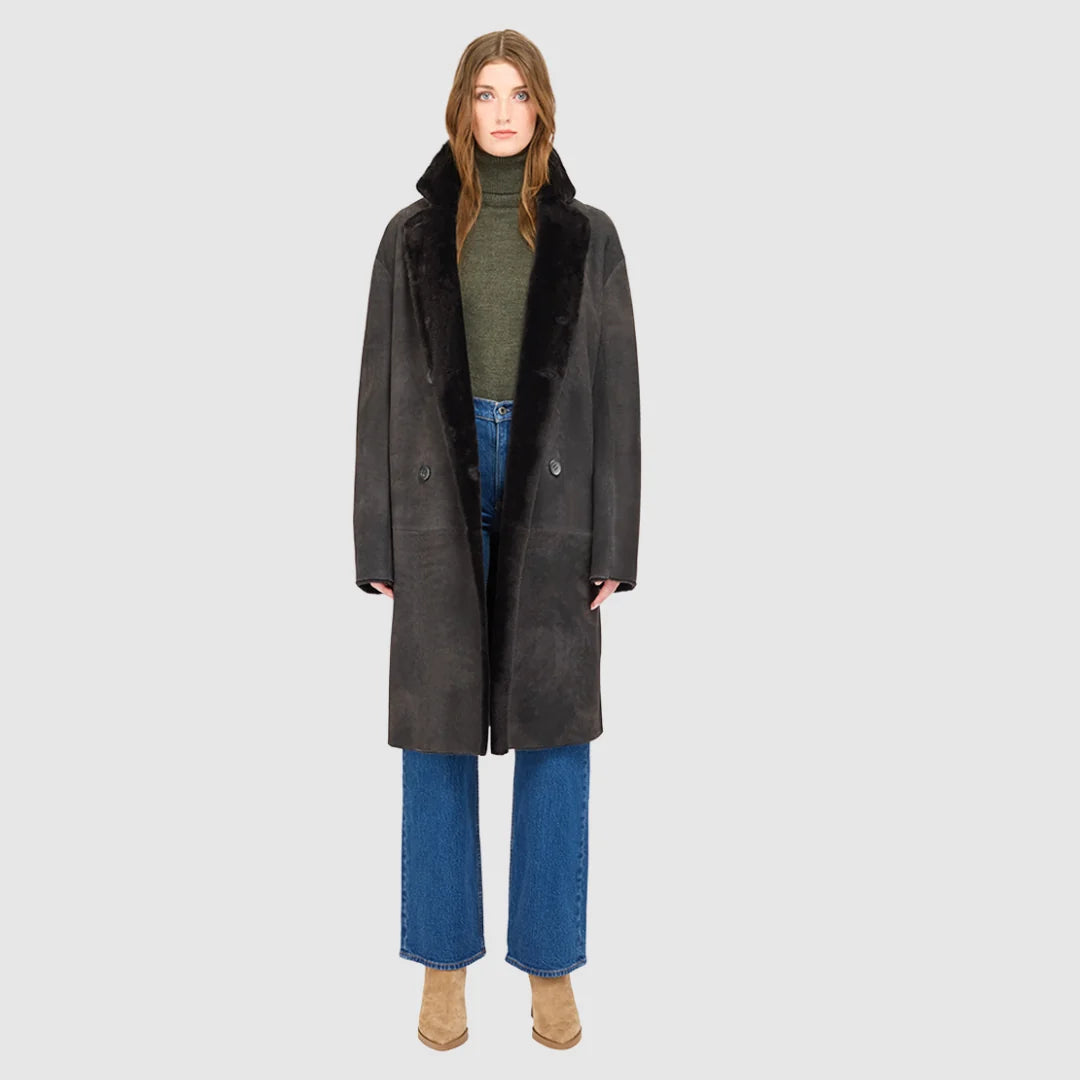 HiSO Elle Suede Reversible Shearling Coat | Cappuccino