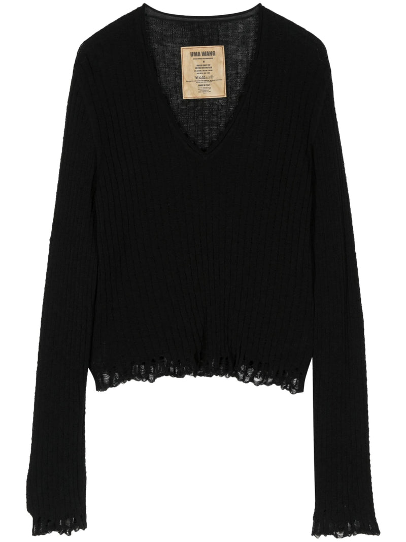 Uma Wang Crop V-Neck Frayed Sweater