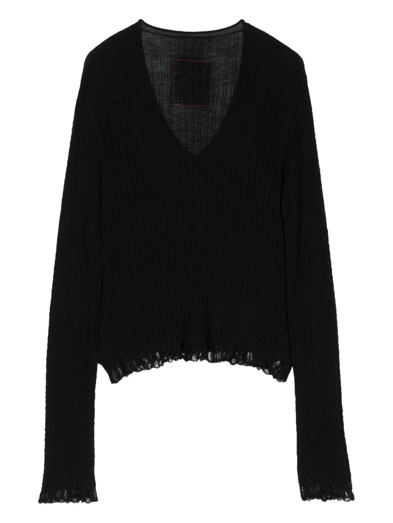 Uma Wang Crop V-Neck Frayed Sweater