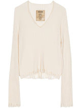 Uma Wang Crop V-Neck Frayed Sweater