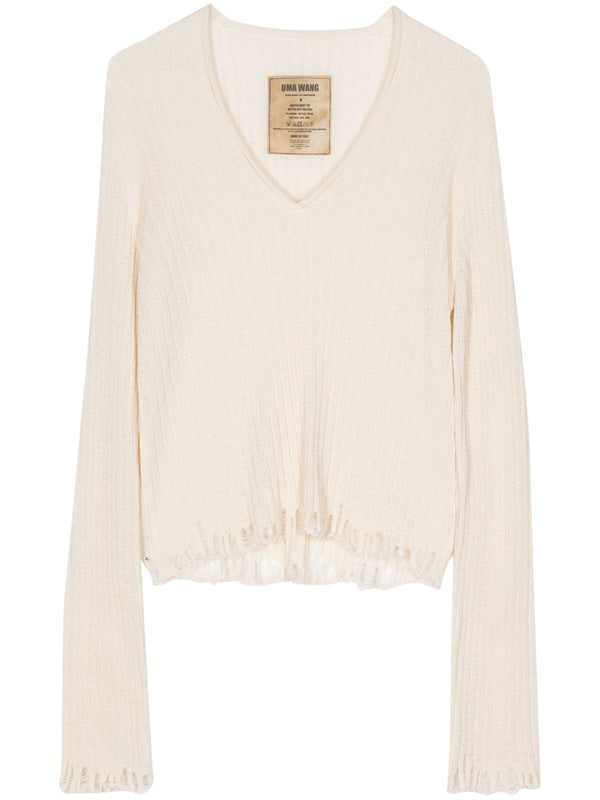 Uma Wang Crop V-Neck Frayed Sweater