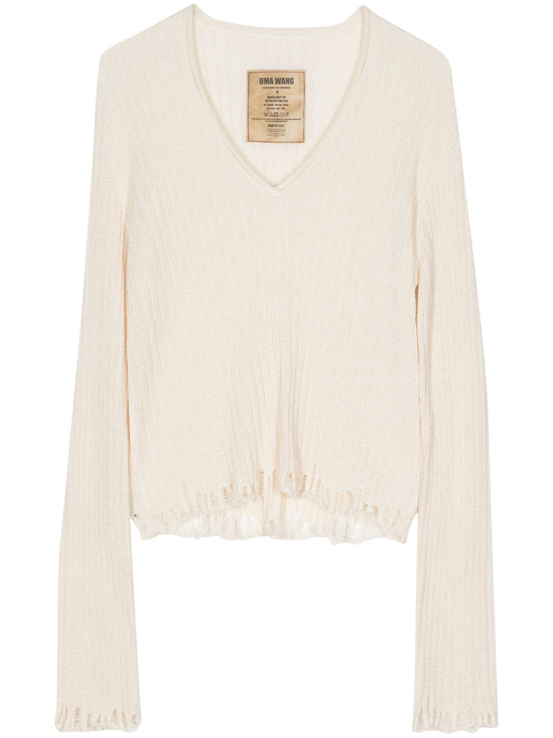 Uma Wang Crop V-Neck Frayed Sweater