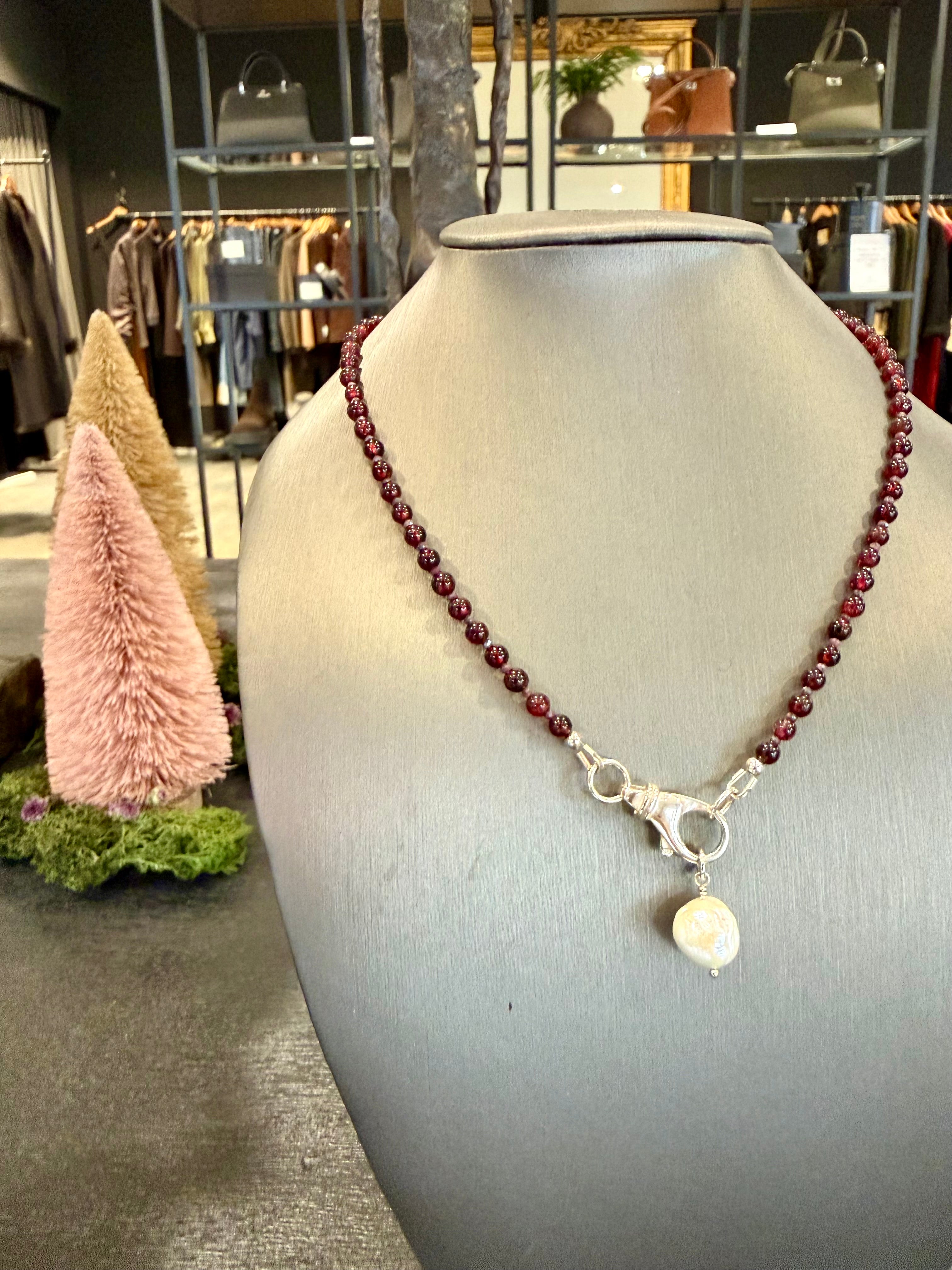 TLO 16" Garnet Necklace/ Lobster Clasp & Baroque Pearl