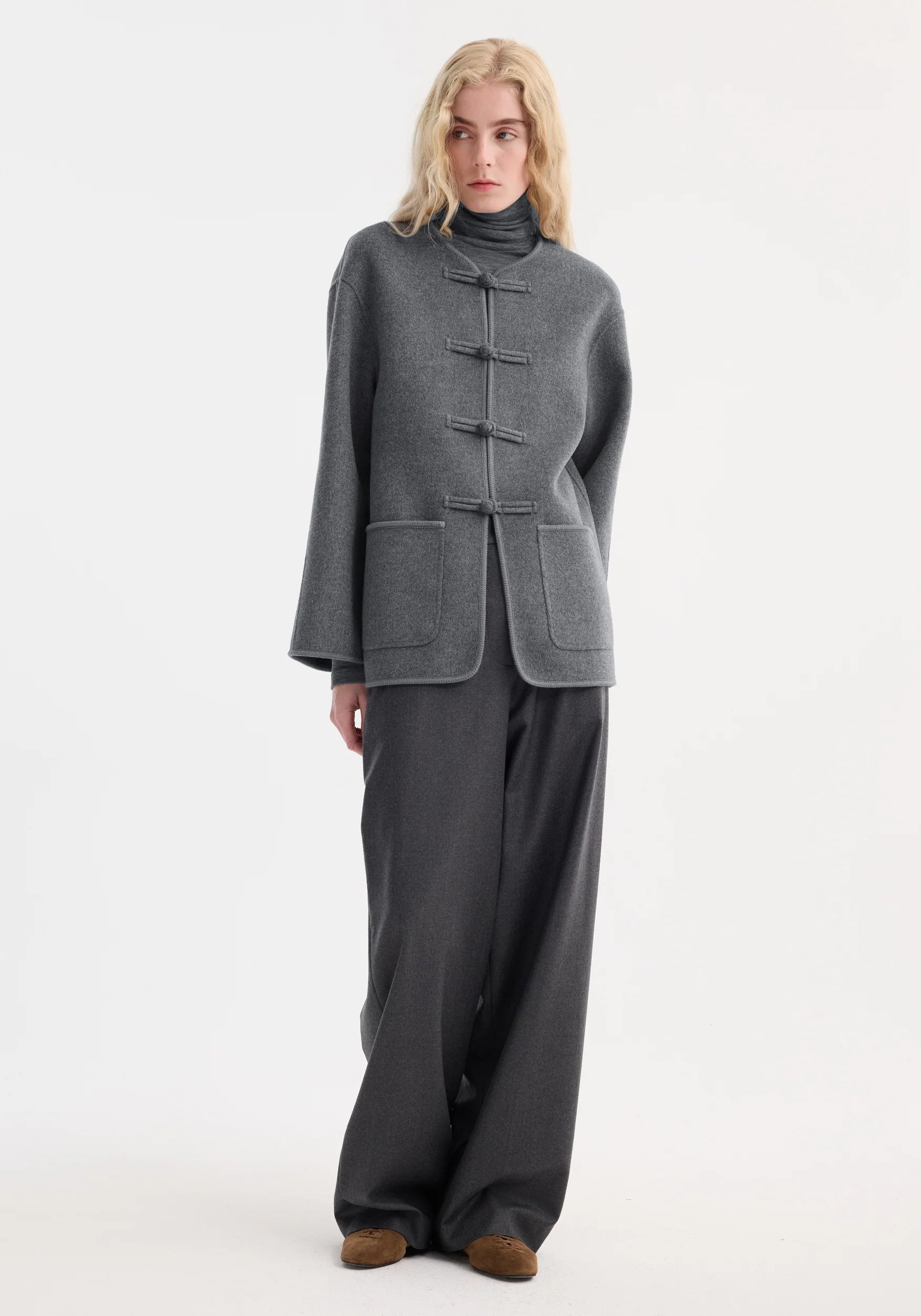 Róhe Mandarin Double-Faced Wool Jacket | Mid Grey Melange