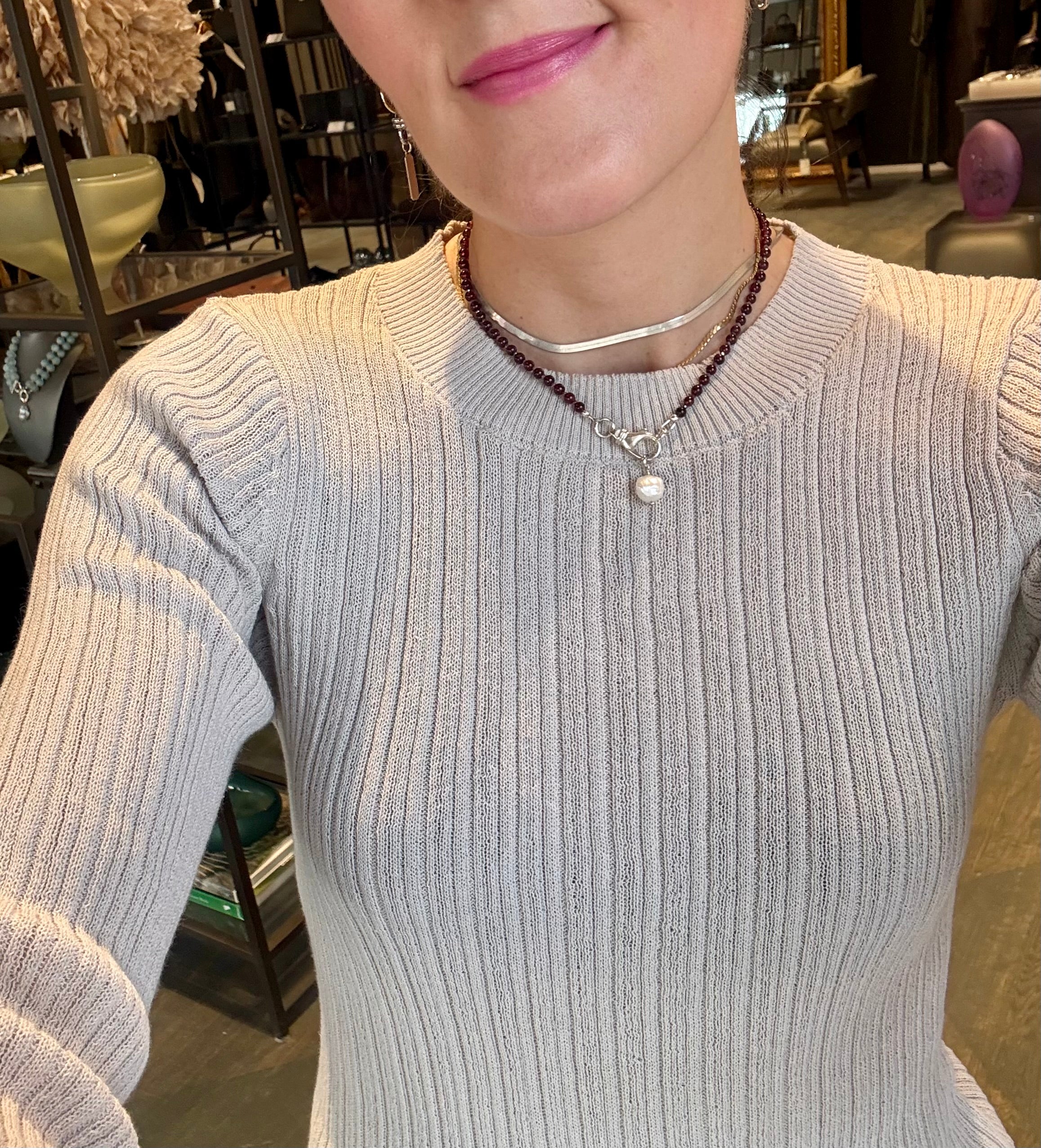 TLO 16" Garnet Necklace/ Lobster Clasp & Baroque Pearl