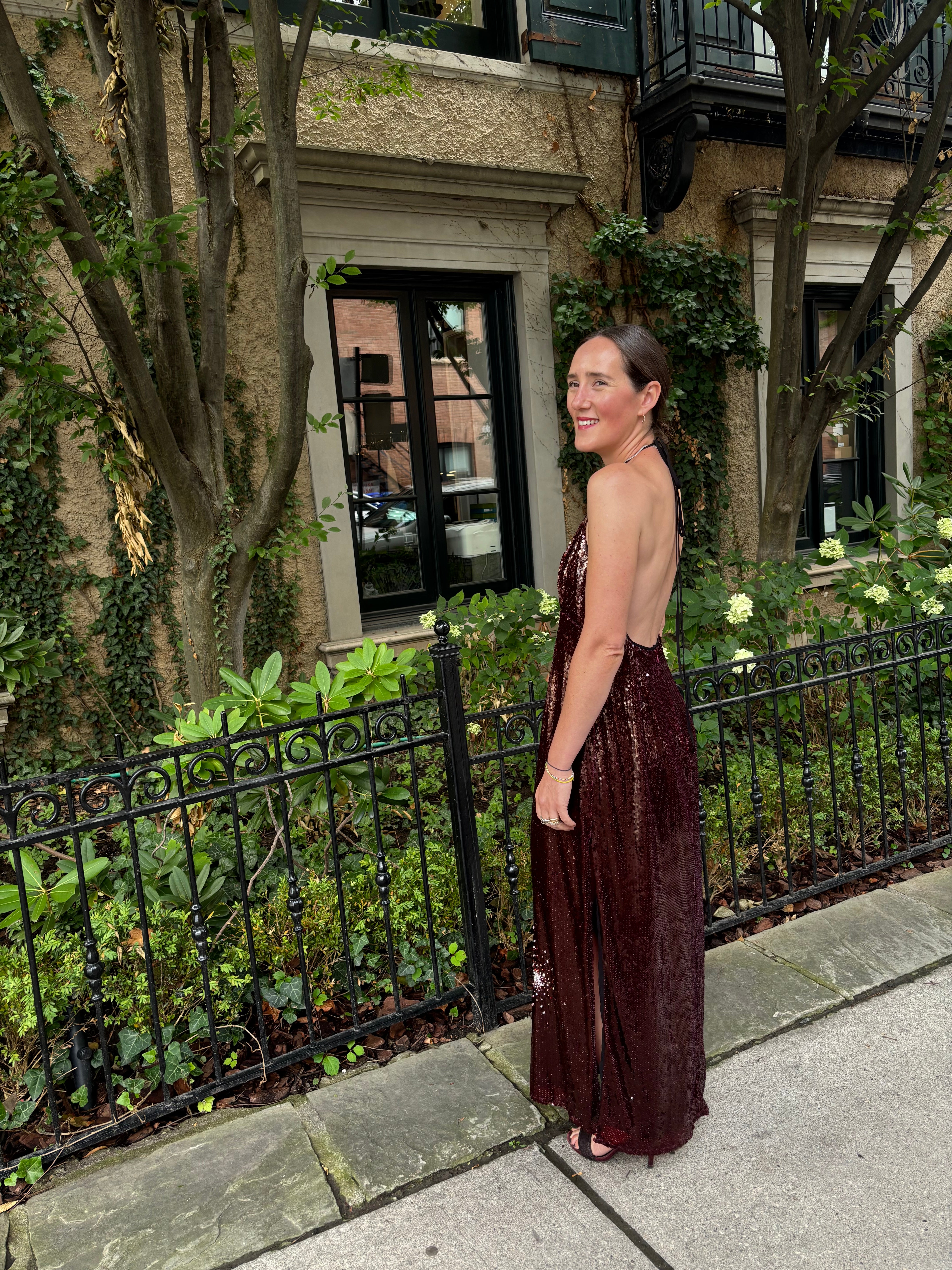 Des Phemmes Cabernet Sequin Halter Slip Dress