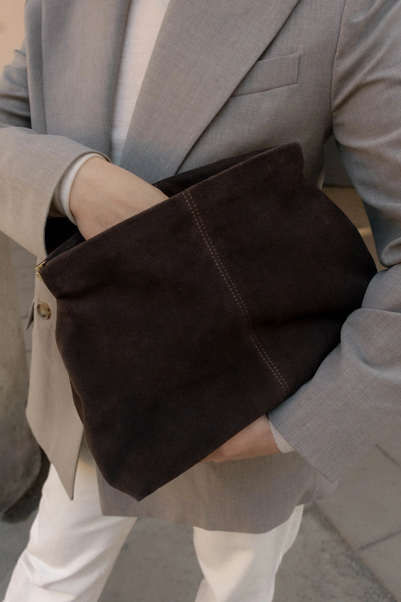 Flattered Clay Clutch | Chocolate Suede