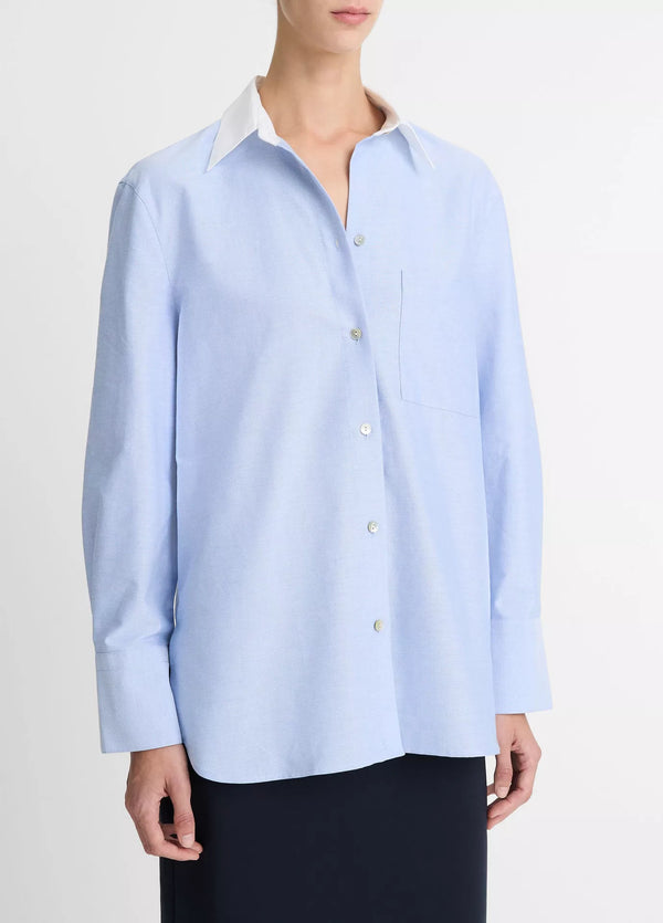 Vince Contrast Collar Blue Cotton Oxford Shirt