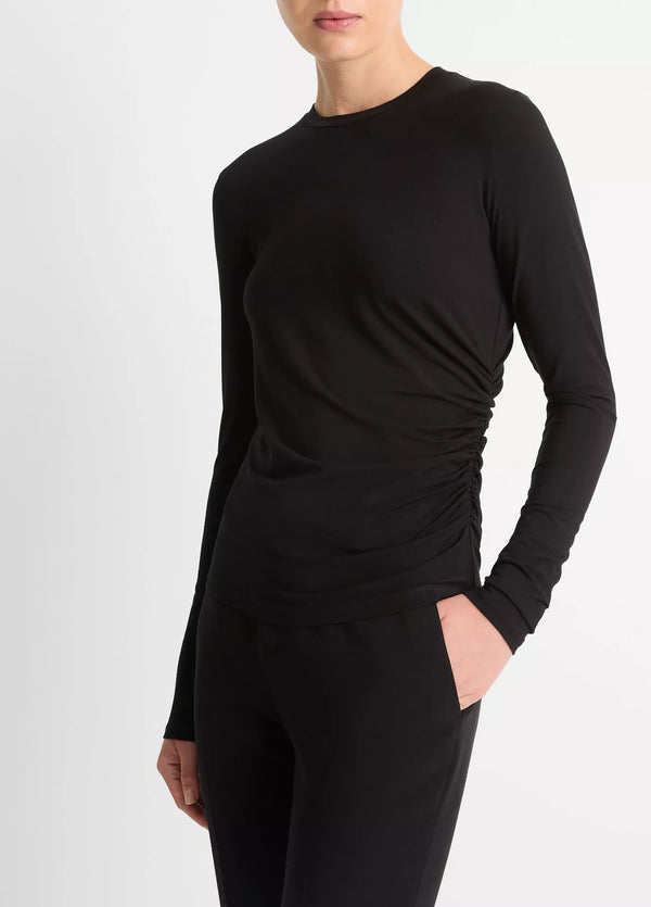 Vince Black Draped Long-Sleeve Crew Neck Top