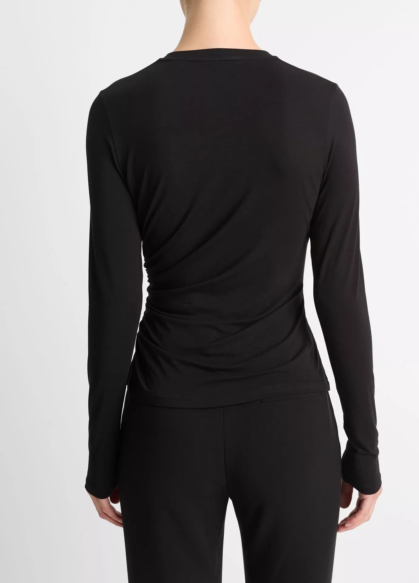 Vince Black Draped Long-Sleeve Crew Neck Top