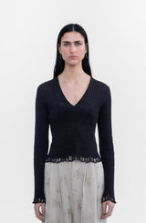 Uma Wang Crop V-Neck Frayed Sweater