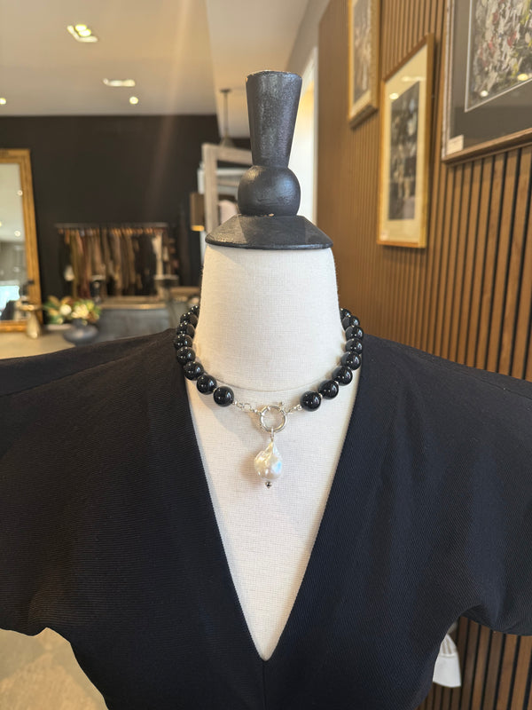 The Loved One Black Onyx Necklace/ Silver Mariner's Clasp/ Baroque Pearl