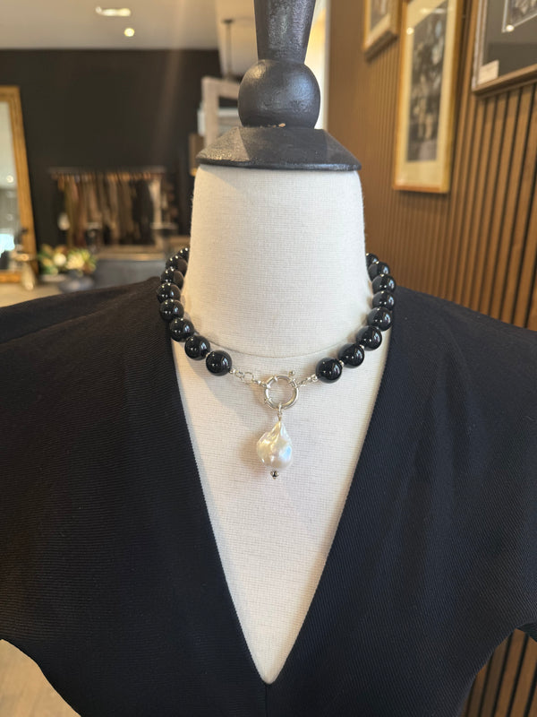 The Loved One Black Onyx Necklace/ Silver Mariner's Clasp/ Baroque Pearl