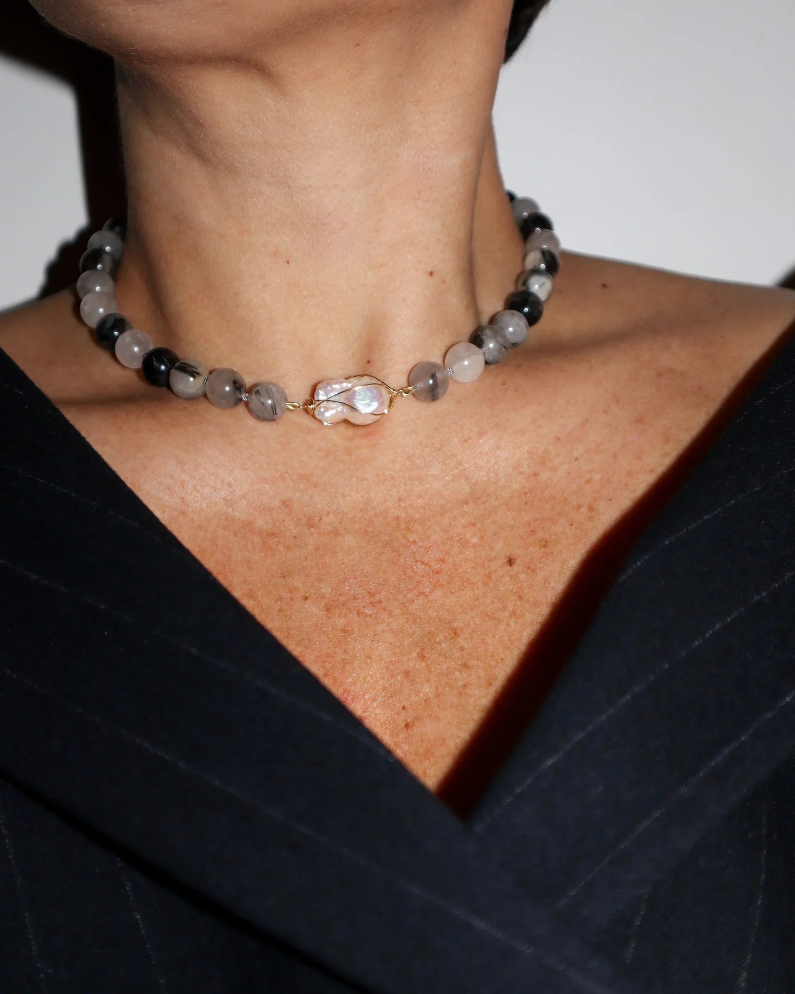 CMD Rutilated Quartz Necklace/ Wrapped Baroque Pearl