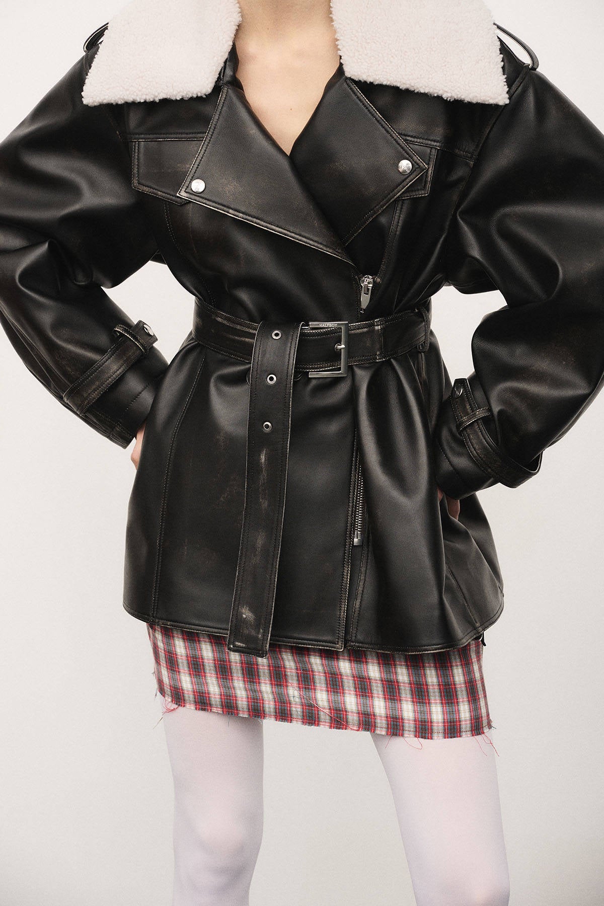 HALFBOY Leather Biker Trench Jacket | Black