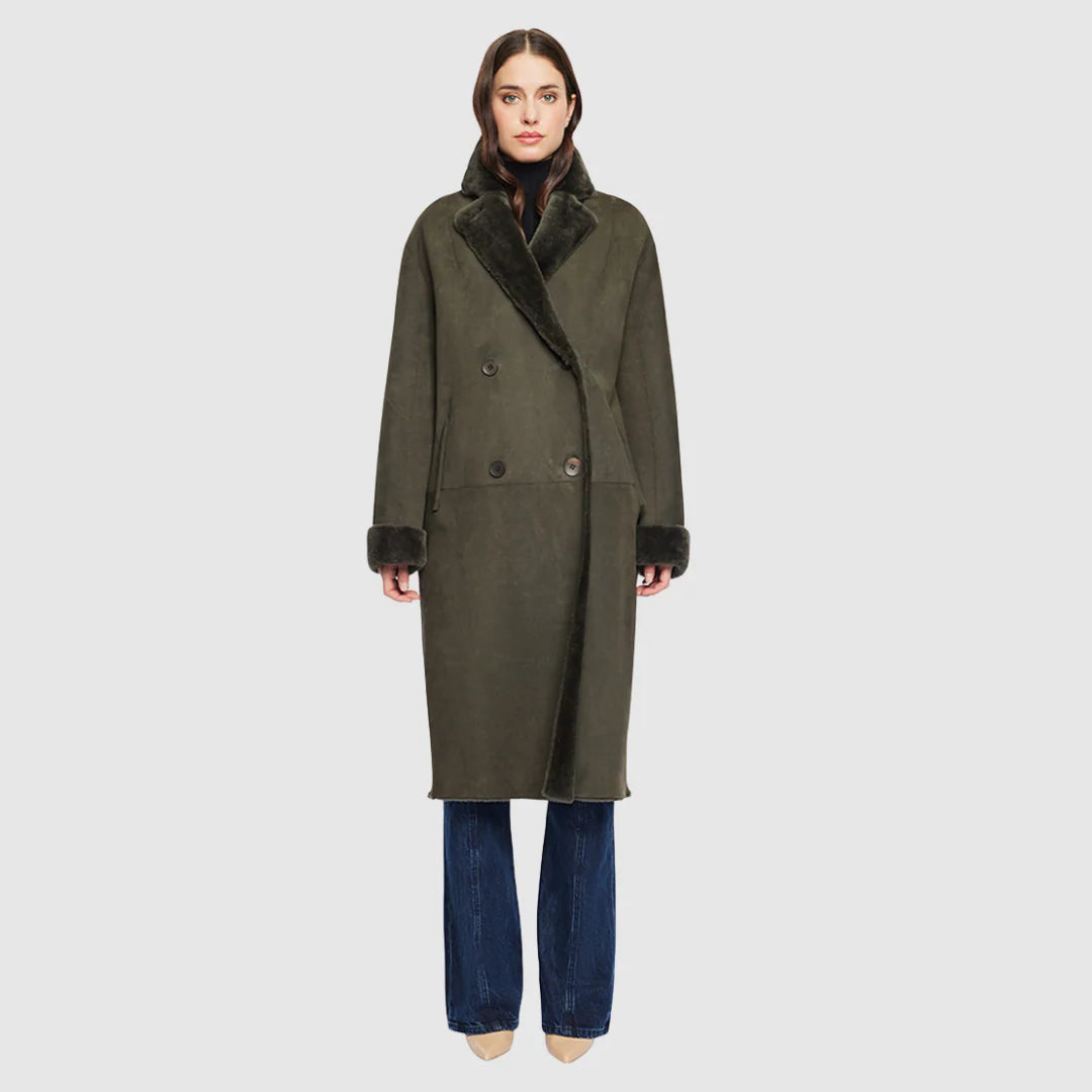 HiSO Elle Suede Reversible Shearling Coat | Khaki