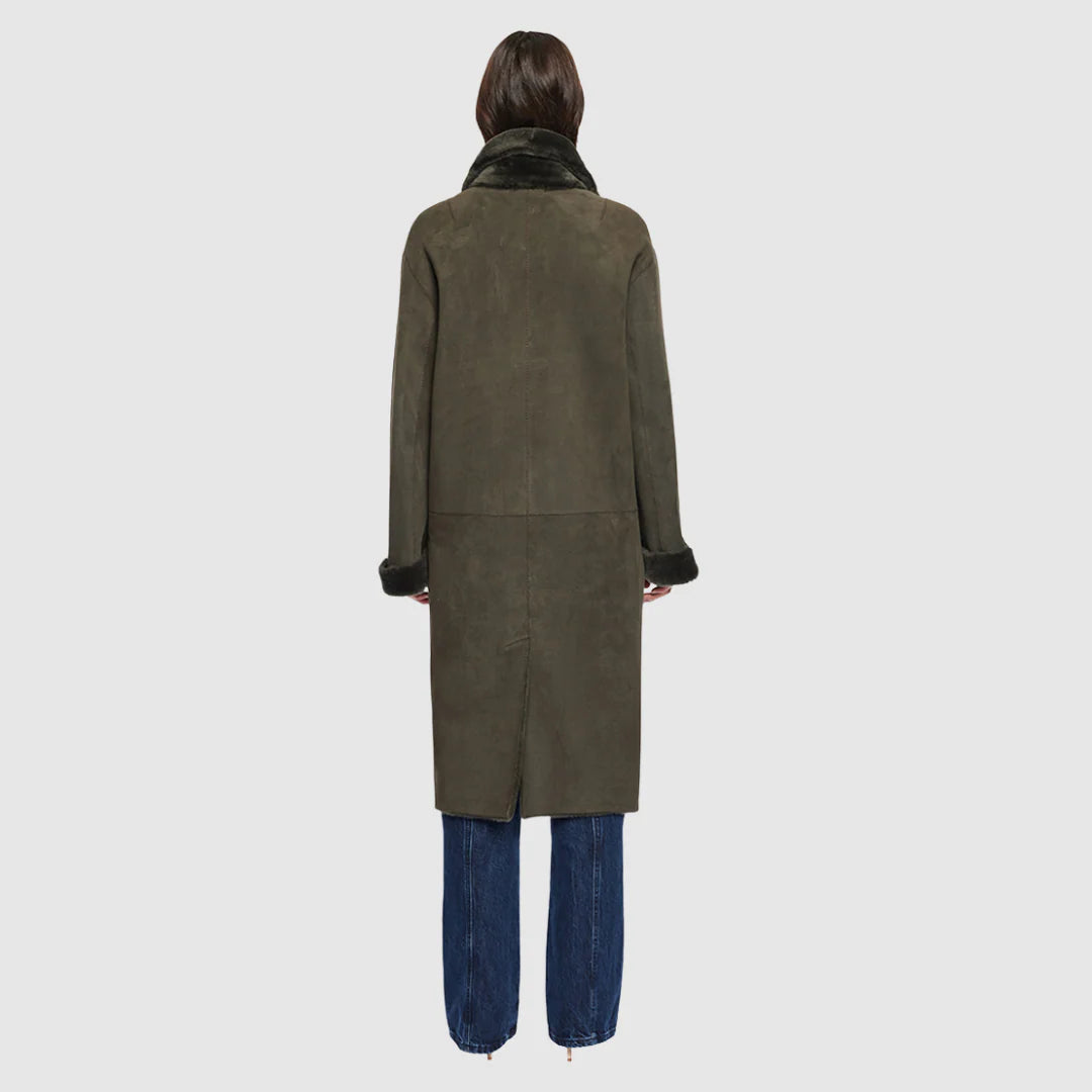 HiSO Elle Suede Reversible Shearling Coat | Khaki