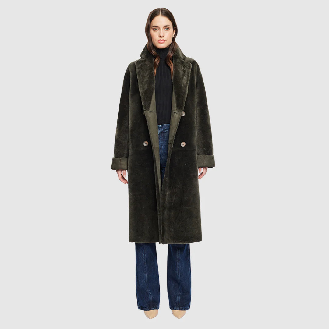 HiSO Elle Suede Reversible Shearling Coat | Khaki