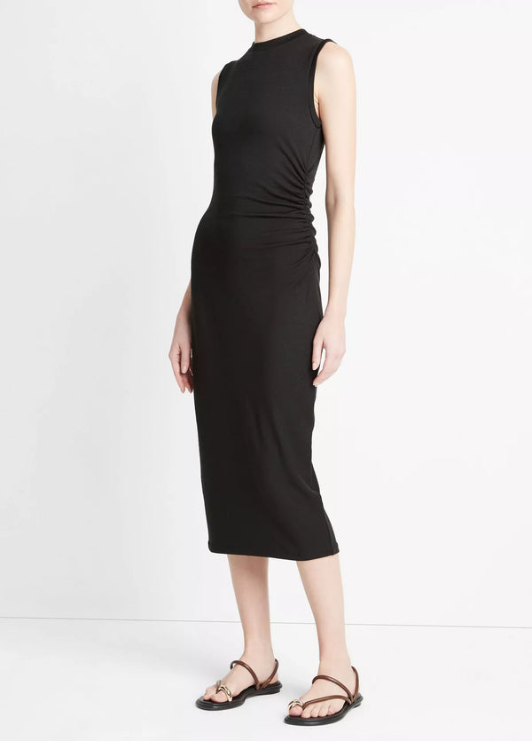 Vince Black Sleeveless Gathered-Waist Dress