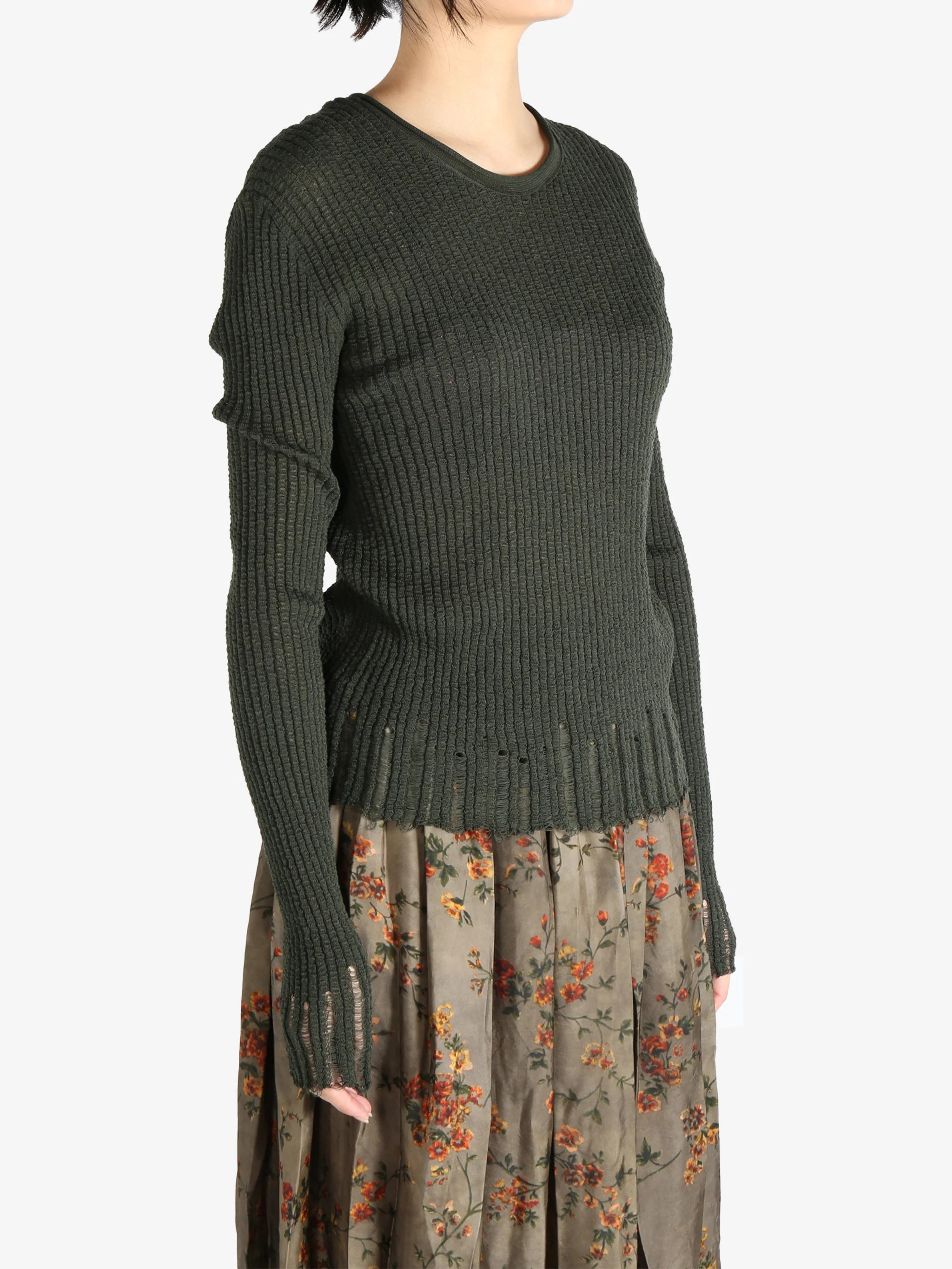 Uma Wang Green Crewneck Distressed Knit Top